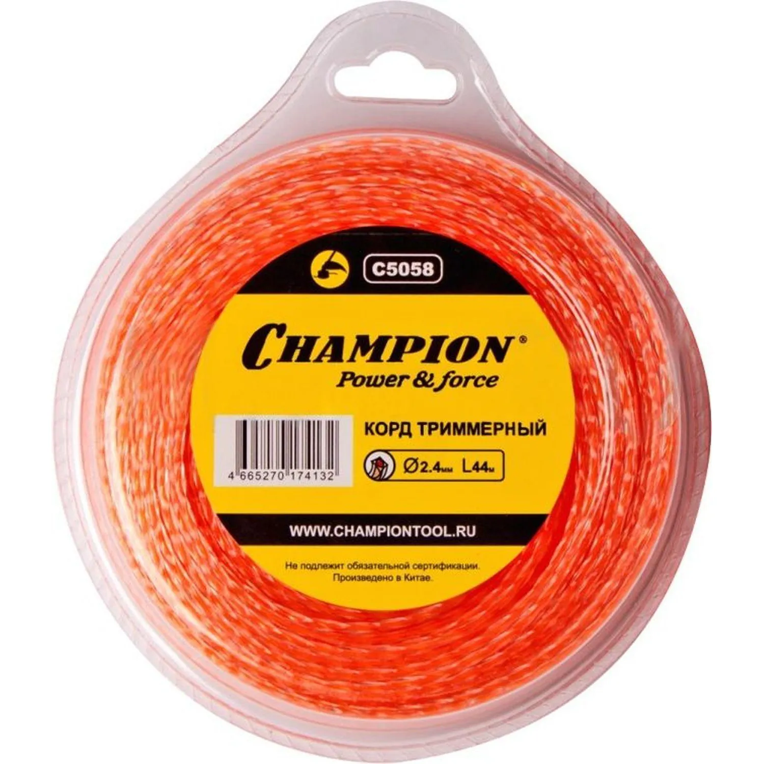 Леска (корд) для триммера Champion Twist Duo квадратная витая 2.4 мм х 44 м (C5058)