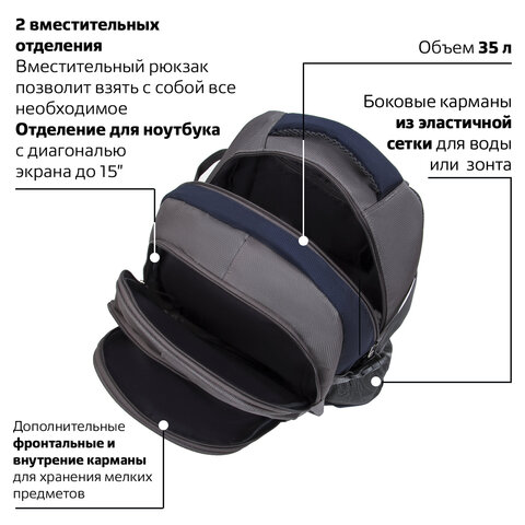 Рюкзак BRAUBERG «MainStream 1», 35 л, размер 45×32х19 см, ткань, серо-синий