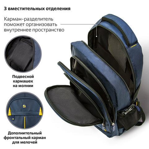 Рюкзак BRAUBERG TITANIUM универсальный, синий, желтые вставки, 45×28х18см