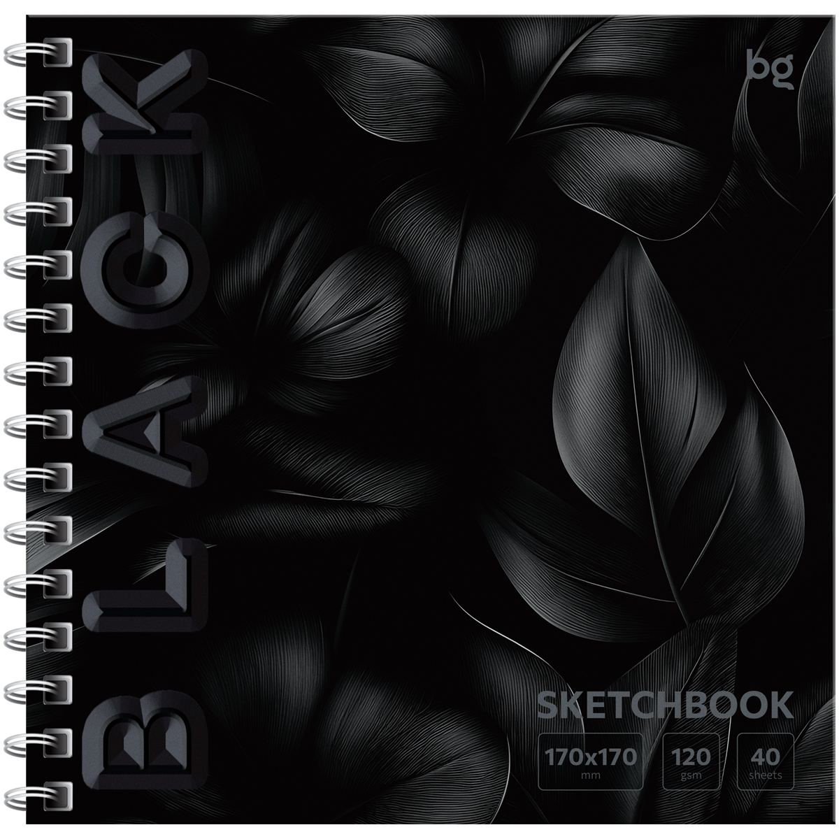 превью Скетчбук 40л., 170×170 BG «Black. Leaves», на гребне, soft tuch, выборочный лак, 120г/м2