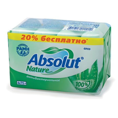 превью Мыло туалетное 300 г, ABSOLUT (Абсолют), комплект 4 шт. х 75 г, «Алоэ», антибактериальное