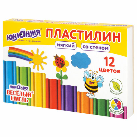 Пластилин мягкий ЮНЛАНДИЯ «ВЕСЕЛЫЙ ШМЕЛЬ», 12 цветов, 180 г, СО СТЕКОМ