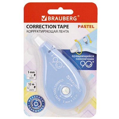Корректирующая лента BRAUBERG PASTEL 5 мм х 12 мвращающийся наконечник 90°механизм перемоткикорпус голубойблистер272488