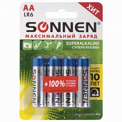 Батарейки SONNEN Super Alkaline, АА (LR06, 15А), алкалиновые, КОМПЛЕКТ 4 шт., в блистере