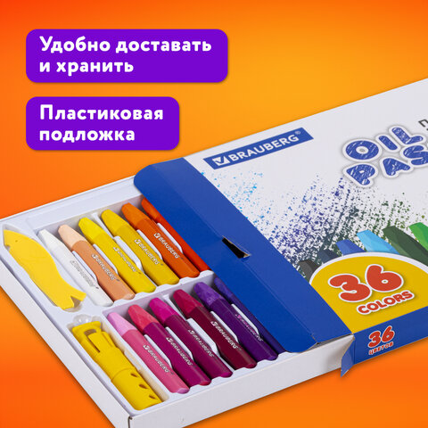 Пастель масляная восковые мелки утолщенные 36 цветов с точилкой, держателем и стеком, BRAUBERG PREMIUM