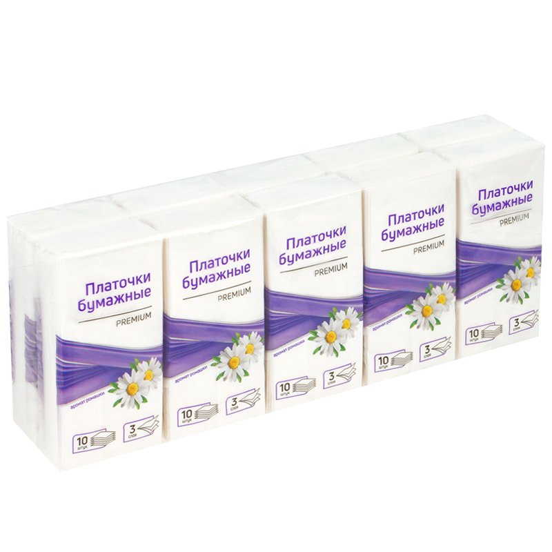 превью Платки бумажные носовые OfficeClean, 3-слойные, 19×20см, белые, 10 пачек по 10шт., ромашка