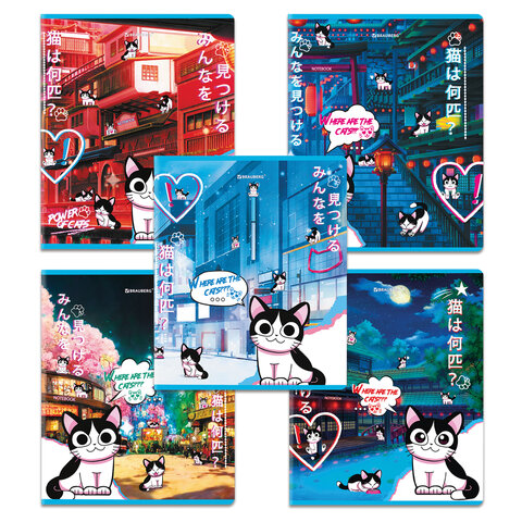 Тетради ДЭК А5 48 л. КОМПЛЕКТ 5 шт. BRAUBERGклеткаматовая ламинациялак«Аниме Кот»404671