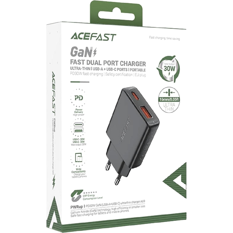 Зарядное устройство ACEFAST A69 PD30W GaN (USB-A+USB-C), сетевое, черный