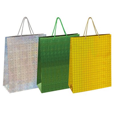 Пакет подарочный 33×13x45 см (XL), НАБОР 3 шт., 3 дизайна, голография, ЗОЛОТАЯ СКАЗКА