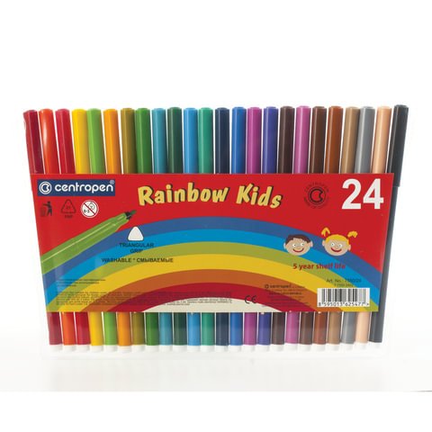 Фломастеры CENTROPEN «Rainbow Kids», 24 цвета, смываемые, эргономичные, вентилируемый колпачок