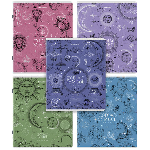 Тетради ДЭК А5 48 л. КОМПЛЕКТ 5 шт. BRAUBERGклеткаSoftTouchфольга«Zodiac»404679