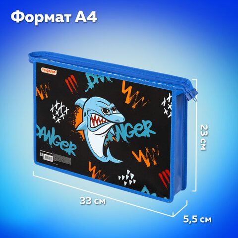 Папка для тетрадей ПИФАГОР А4, 1 отделение, картон/пластик, на молнии, «Angry shark»