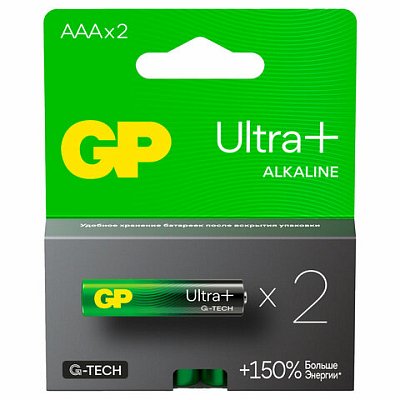 Батарейки КОМПЛЕКТ 2 шт., GP Ultra Plus G-Tech, AAA (LR03), алкалиновые, мизинчиковые