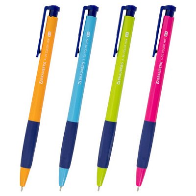 Ручка шариковая автоматическая BRAUBERG A-30 COLOR MIX «WRITING 3.0», СИНЯЯ, пишущий узел 0.5 мм, линия письма 0.25 мм