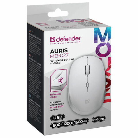 Мышь беспроводная DEFENDER Auris MB-027, USB, 3 кнопки + 1 колесо-кнопка, оптическая, белая