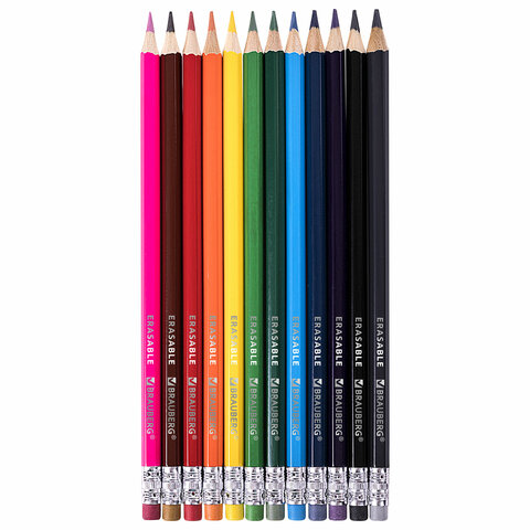 Карандаши цветные стираемые с ластиком BRAUBERG ERASABLE12 цветовмягкий грифель 3 мм181932