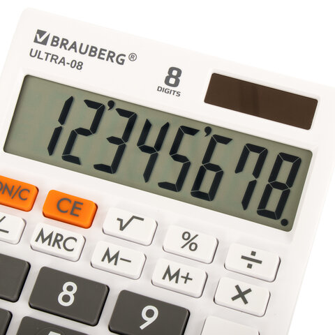 Калькулятор настольный BRAUBERG ULTRA-08-WT, КОМПАКТНЫЙ (154×115 мм), 8 разрядов, двойное питание, БЕЛЫЙ