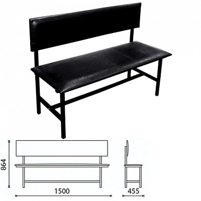 Банкетка со спинкой «Берта» 1500×455×864 мм, усиленная, черный каркас, кожзам черный