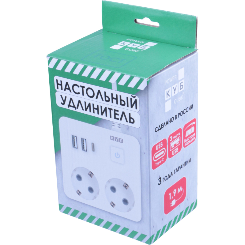 Удлинитель Power Cube, 2р с/з вык.,3USB, 3500 Вт, 16А, 1.9 м, 3×1.0 (белый)