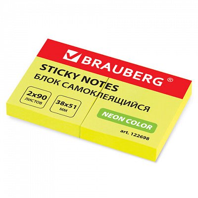 Блок самоклеящийся (стикер), BRAUBERG, НЕОНОВЫЙ, 38×51 мм, 2×90 л., желтый