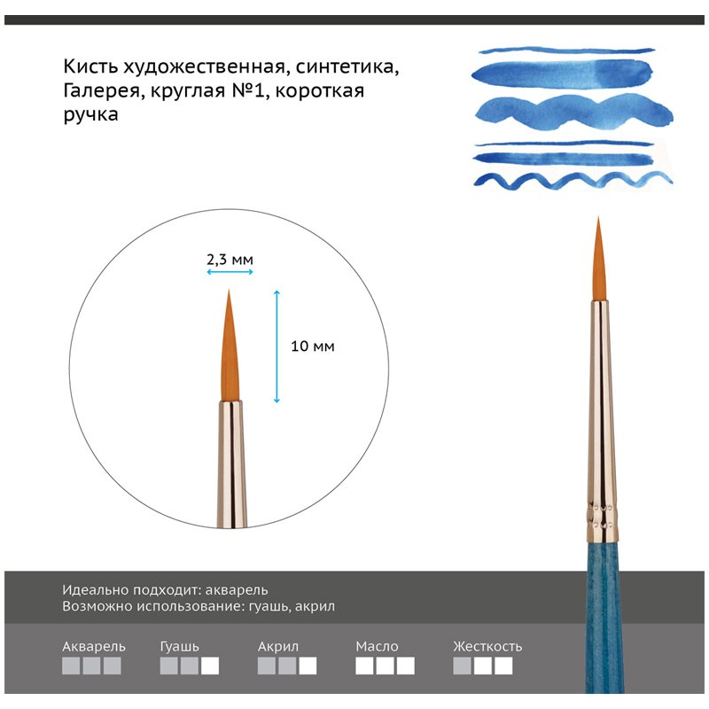 Кисть художественная синтетика Гамма «Галерея», круглая №1, короткая ручка