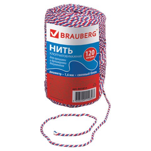 превью Нить BRAUBERG х/б для прошивки документов, диаметр 1.6 мм, длина 120 м, сменный блок, «Триколор»