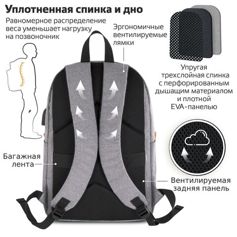 Рюкзак BRAUBERG URBAN универсальный с отделением для ноутбука, USB-порт, «Energy», серый, 44×31х14 см