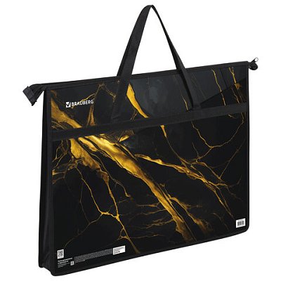 Папка для рисунков и чертежей с ручками BRAUBERG А3, пластик, молния сверху, «Black&gold marble»