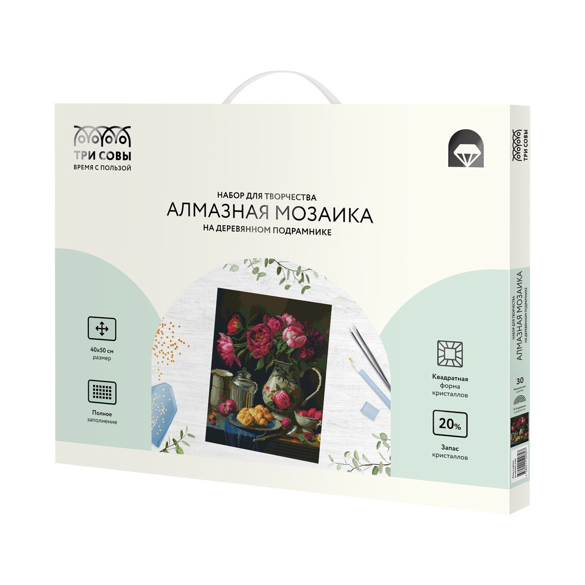 Алмазная мозаика ТРИ СОВЫ «Пионы и клубника», 40×50см, холст на деревянном подрамнике, картонная коробка с пластиковой ручкой