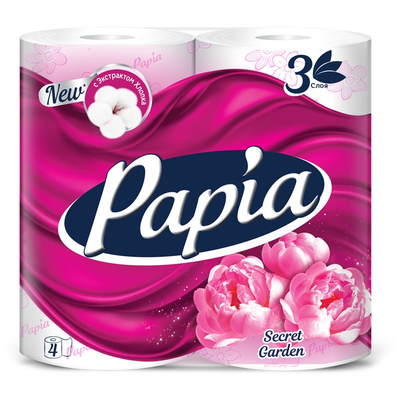 превью Бумага туалетная Papia «Secret Garden», 3-слойная, 4шт., ароматизир., розов. тиснение, белый
