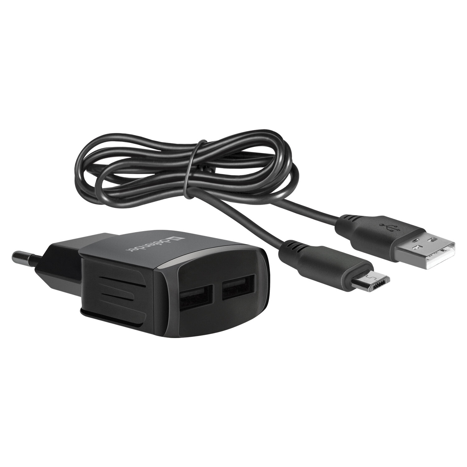 Зарядное устройство сетевое (220 В) DEFENDER UPC-21, кабель microUSB 1 м, выходной ток 2.1 А, черное