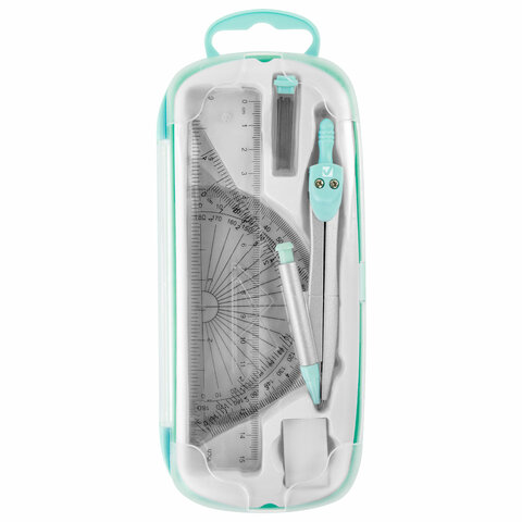 Готовальня BRAUBERG SCHOOL KIT, 9 предметов, циркуль 125 мм, чертежные принадлежности, мятный цвет