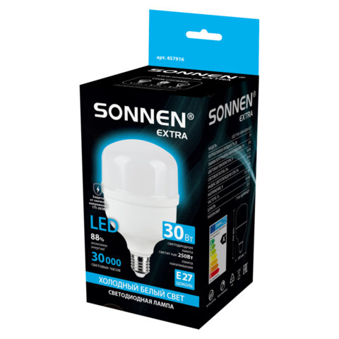 Лампа светодиодная SONNEN EXTRA, 30 (250) Вт, Е27, цилиндр, холодный белый, 30000 ч, LED Т100-30W-6500-Е27