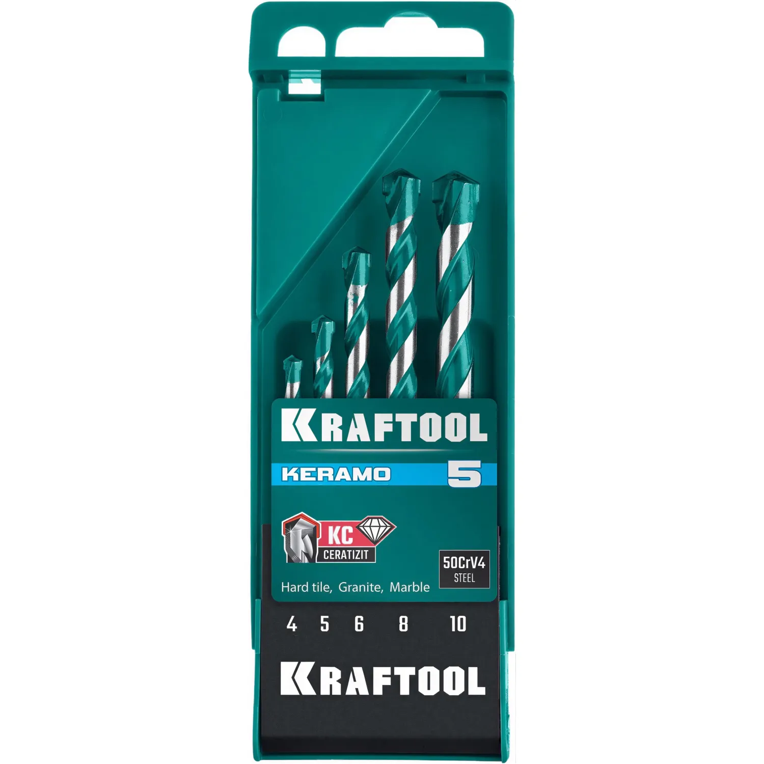 превью Набор свёрл спиральных по керамограниту Kraftool 4-10 мм 50CRv4 с хвостовиком цилиндрическим твёрдосплавные 5 штук (29175-H5)