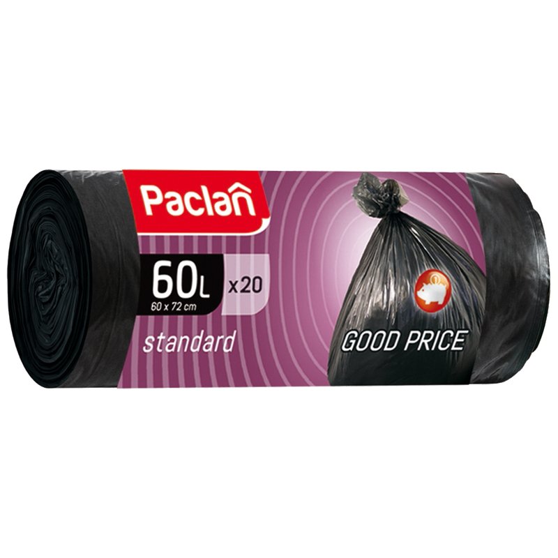 Мешки для мусора, 60 л, PACLAN, комплект 20 шт., «Standart», рулон, ПНД, стандарт, 60×72 см, 7 мкм, черные