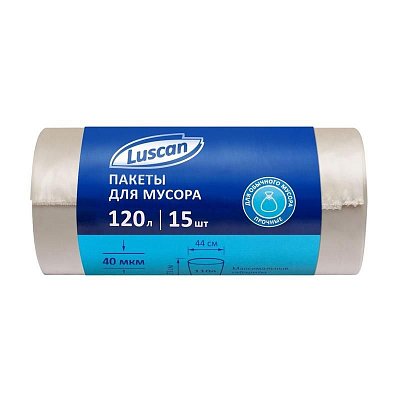 Мешки для мусора на 120 л Luscan прозрачные (ПВД, 40 мкм, в рулоне 15 шт, 70×110 см)