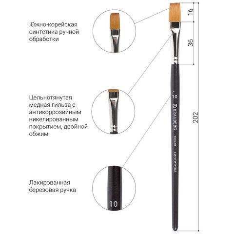 Кисть художественная проф. BRAUBERG ART CLASSIC, синтетика мягкая под колонок, плоск, № 10, кор руч