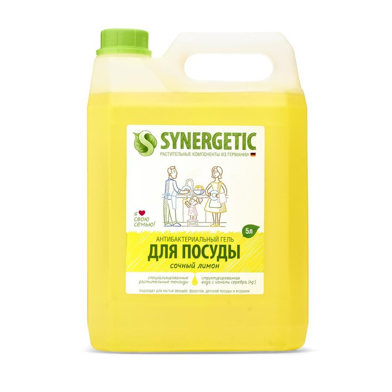 Средство для мытья посуды 5 л SYNERGETIC «Лимон», антибактериальное