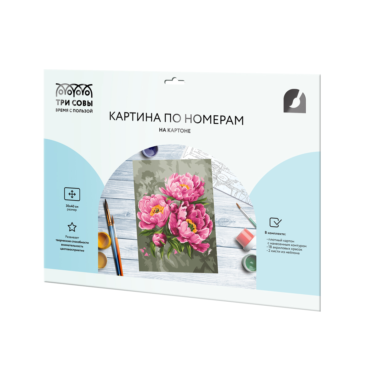Картина по номерам на картоне ТРИ СОВЫ «Розовые пионы», 30×40, с акриловыми красками и кистями