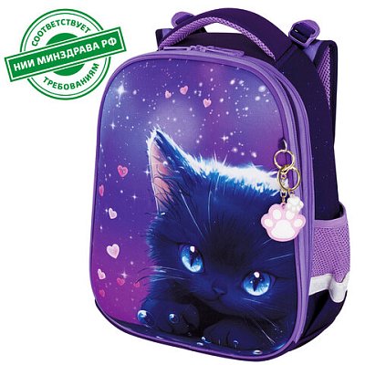 Ранец BRAUBERG PREMIUM, 2 отделения, с брелоком, «Anime cat», 38×29х16 см