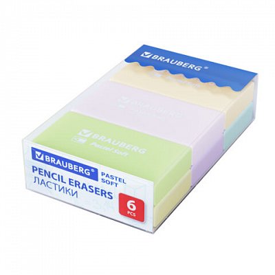 Ластики BRAUBERG PASTEL SOFT НАБОР 6 шт., размер ластика 45×25*10мм, экологичный ПВХ