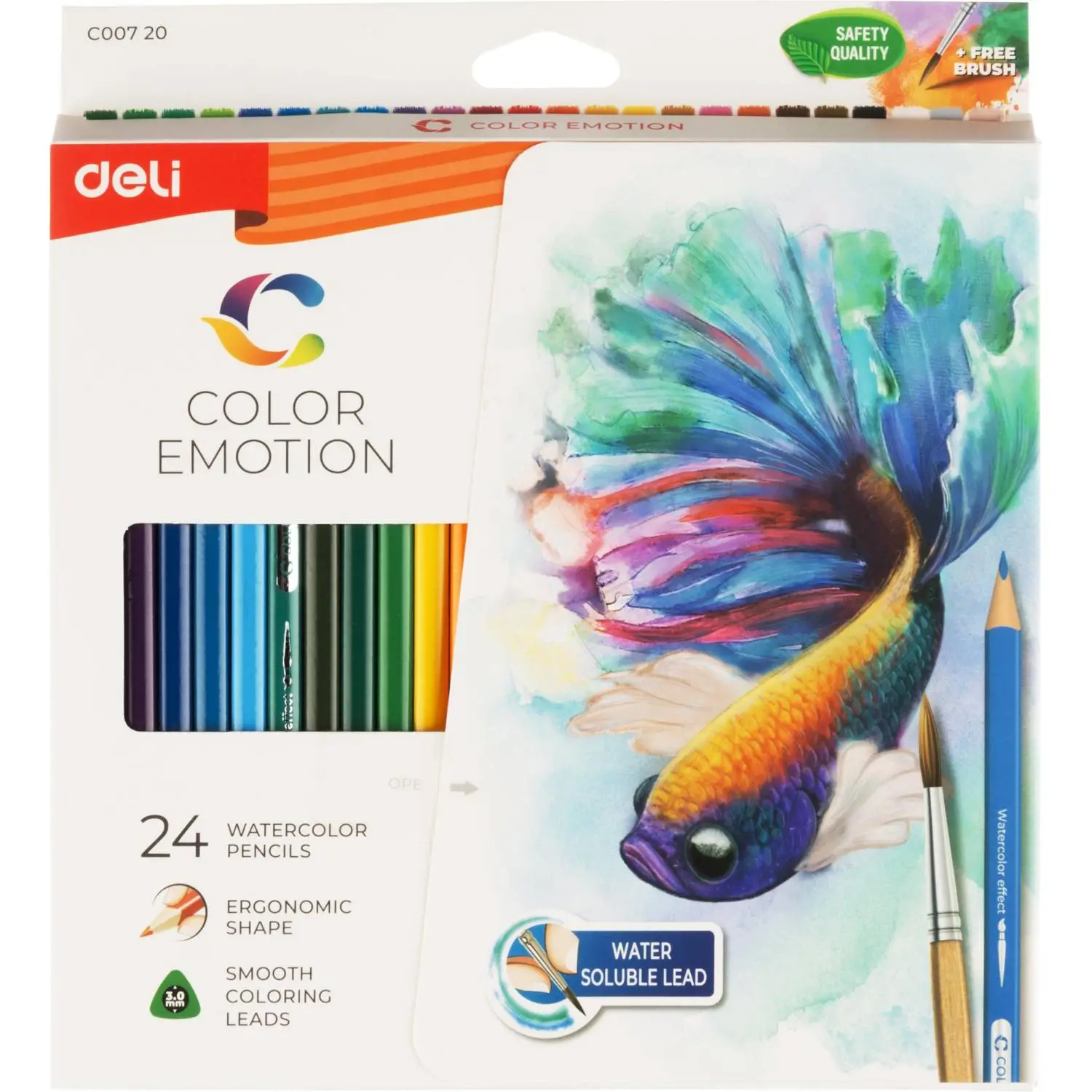 Карандаши цветные акварельные Deli Color Emotion трехгранные 24 цвета с кистью
