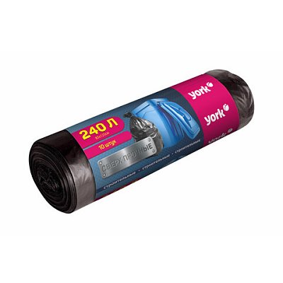 Мешки строительные для мусора 240 л, черные, в рулоне 10 шт., ПВД, 28 мкм, YORK