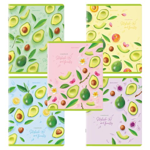 превью Тетради КОМПЛЕКТ 5 шт., А5, 96 л., BRAUBERG, скоба, клетка, глянцевый лак, «Авокадо»