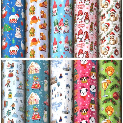 Бумага упаковочная новогодняя «Веселый Новый Год», 70×100см, 10 дизайнов ассорти, ЗОЛОТАЯ СКАЗКА