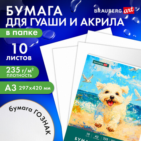 Бумага для гуаши и акрила А3 10л, 235 г/м2, 297×420мм, в папке, BRAUBERG ART CLASSIC, «Море»