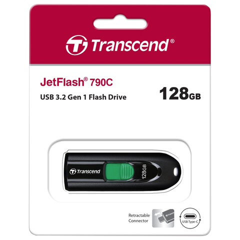 Флеш-диск 128GB TRANSCEND JetFlash 790C, разъем USB 3.2, черный/зеленый