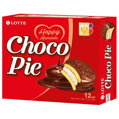 Печенье LOTTE «Choco Pie» («Чоко Пай»)прослоенноеглазированноев картонной упаковке336 г (12 штук х 28 г)