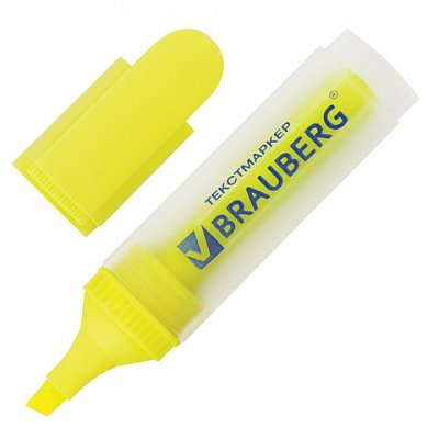 Текстмаркер BRAUBERG, прозрачный корпус, скошенный наконечник 1-5 мм, лимонный