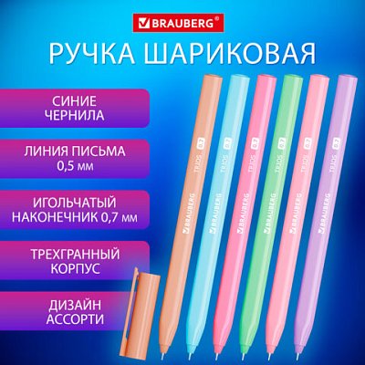 Ручка шариковая BRAUBERG TRIOS, СИНЯЯ, трехгранная, ассорти, игольчатый узел 0.7 мм, линия письма 0.5 мм